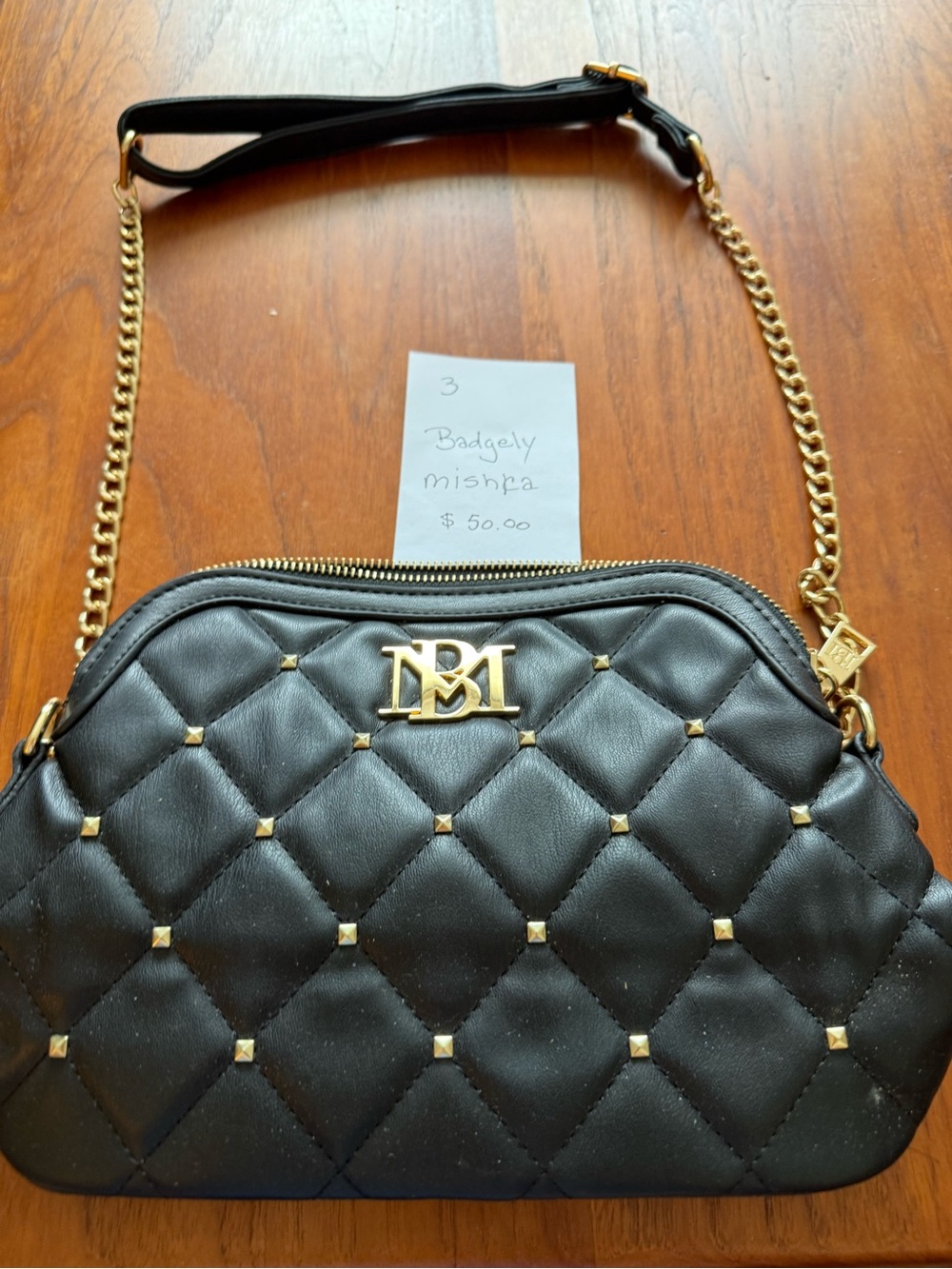 Badgley Mischka Black Quilted Crossbody with Gold Accents